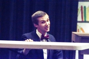 Alex Savoie, playing producer Baxter Mallenstock, rehearses a scene from the musical “Bullets for Broadway” during a dress rehearsal at the Port Arthur Little Theatre Wednesday.