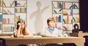 Resa Pletcher, left, Ross Lefort and Emelie Sullivan practice their roles as a princess, an athlete and a basket case in detention during a dress rehearsal for the Port Arthur Little Theatre Junior Board's production of "The Breakfast Club" at the Little Theatre Wednesday night.