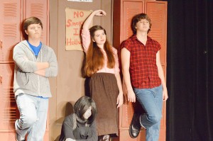 Ross Lefort, left, Emelie Sullivan, Resa Pletcher and Jason Blevins practice their roles as an athlete, a basket case, a princess and a criminal during a dress rehearsal for the Port Arthur Little Theatre Junior Board's production of "The Breakfast Club" at the Little Theatre Wednesday night.