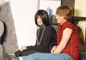 Emelie Sullivan, left, and Jason Blevins practice their roles as Allison Reynolds and John Bender during a dress rehearsal for the Port Arthur Little Theatre Junior Board's production of "The Breakfast Club" at the Little Theatre Wednesday night.