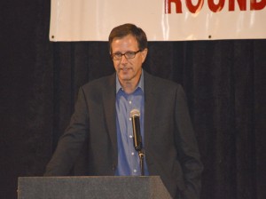 Kirk Saffell, senior vice-president of Health, Safety and Environmental at Valero Headquarters in San Antonio, speaks about safety procedures through the years at Valero during the 24th Annual Contractor Safety Awards sponsored by the Golden Triangle Business Roundtable at the Holiday Inn in Beaumont on Tuesday. Mary Meaux/The News