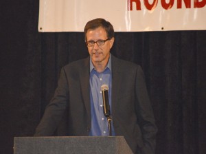 Kirk Saffell, senior vice-president of Health, Safety and Environmental at Valero Headquarters in San Antonio, speaks about safety procedures through the years at Valero during the 24th Annual Contractor Safety Awards sponsored by the Golden Triangle Business Roundtable at the Holiday Inn in Beaumont on Tuesday.  Mary Meaux/The News