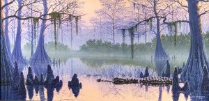 “Cypress Sunrise,” an acrylic painting of an American alligator, by artist John Agnew. The Museum of the Gulf Coast is showcasing Agnew’s “Crocodilian Scratchboards” exhibit in conjunction with its “Ragin’ Reptiles” Family Fun Day on Saturday.