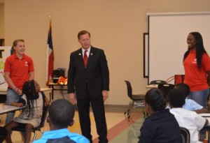 U.S. Rep. Randy Weber, center, meets students in the YMCA’s After School Care and Literacy Program at Lucian Adams Elementary on Tuesday. Mary Meaux/The News