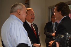 U.S. Rep. Randy Weber, center, speaks with Huntsman Corporation Founder Jon Huntsman, left, and Chief Executive Officer Peter Huntsman at the Huntsman Port Neches site on Tuesday. Mary Meaux/The News