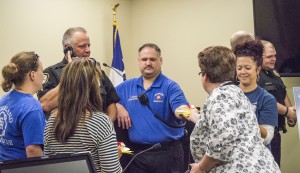 Nederland residents and family members thank their Nederland police, firefighters and emergency personnel during the Nederland Chamber’s “Salute to First Responders” Friday morning at the Homer E. Nagel Public Safety Complex.