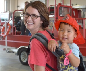 Jolie Williams and her son, Hudson Williams, 3, of Norman, Okla. were in town visiting family and stopped by the Port Neches Fire Department’s Open House on Thursday. Mary Meaux/The News
