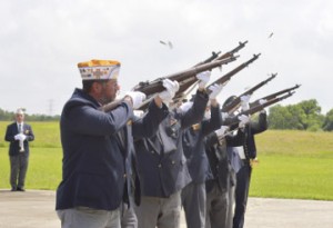 Members of the Veterans of Foreign Wars Post. No. 4820 rifle squad perform the memorial firing of the rifles during the Memorial Day Celebration at Golden Triangle Veterans Memorial Park in Port Arthur on Monday.