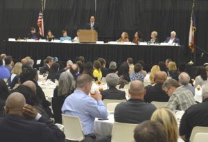 Porterie gives remarks about public education in PAISD to the gathered audience. (Jesse Wright/The News)